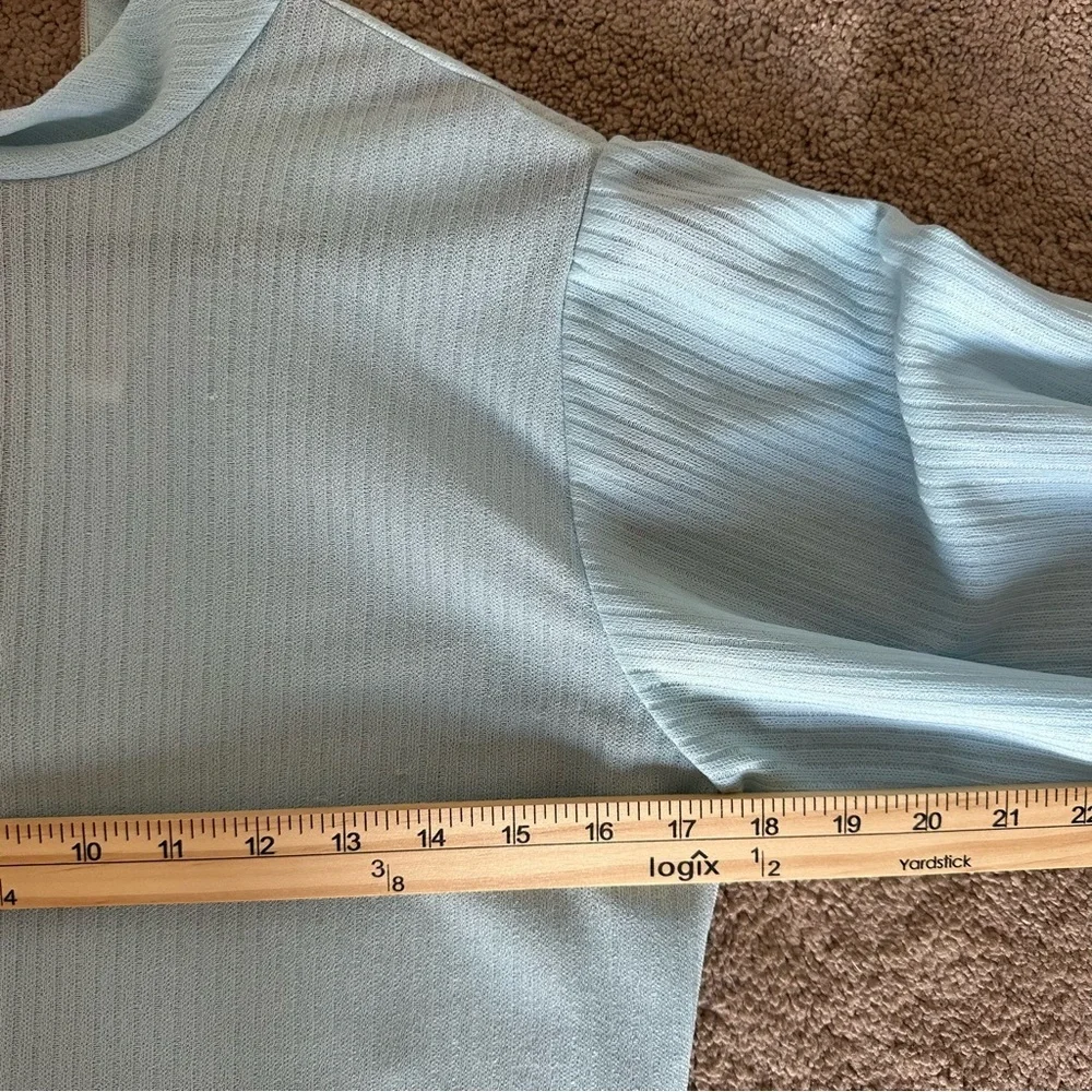 Vintage Blue Ribbed Mock Neck Puff Sleeve Top 70s 80s Retro Medium - Picture 9 of 11